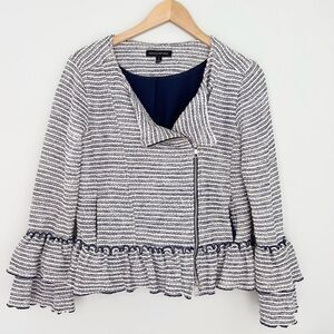 Banana‎ Republic Blue White Boucle Jacket Size 4 Business Casual Ruffled Preppy
